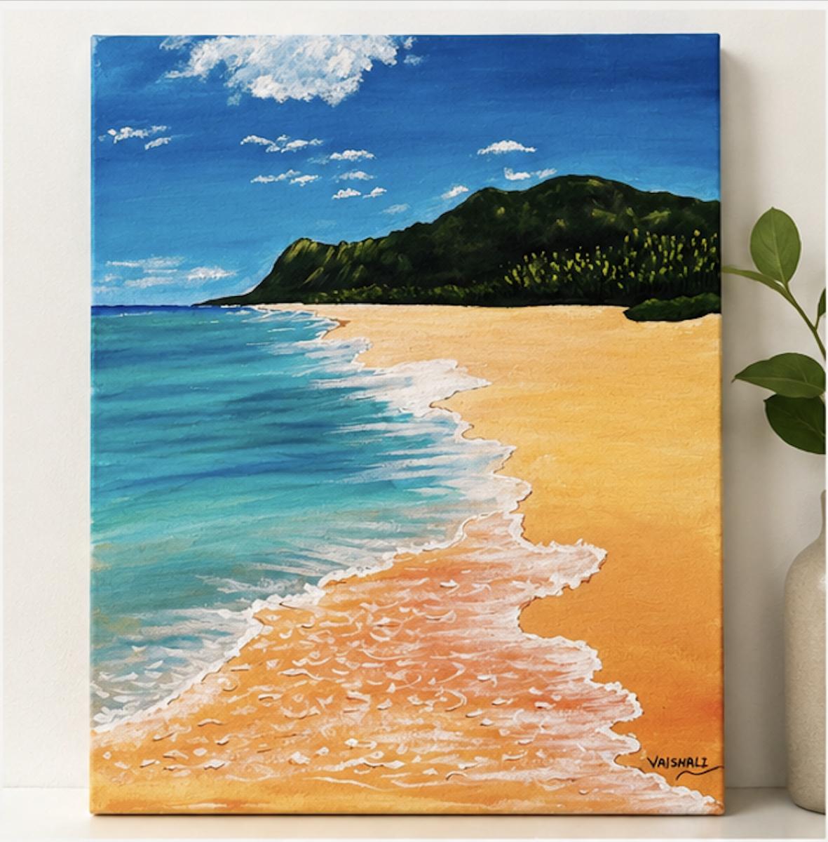 Tropical beach with golden sand and turquoise waves - Acrylic painting by Vaishali