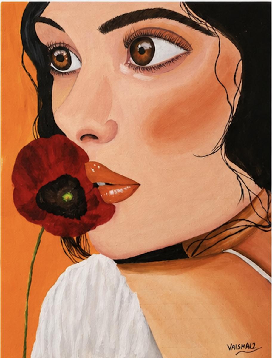 Portrait of a woman with a red poppy flower - Acrylic painting by Vaishali