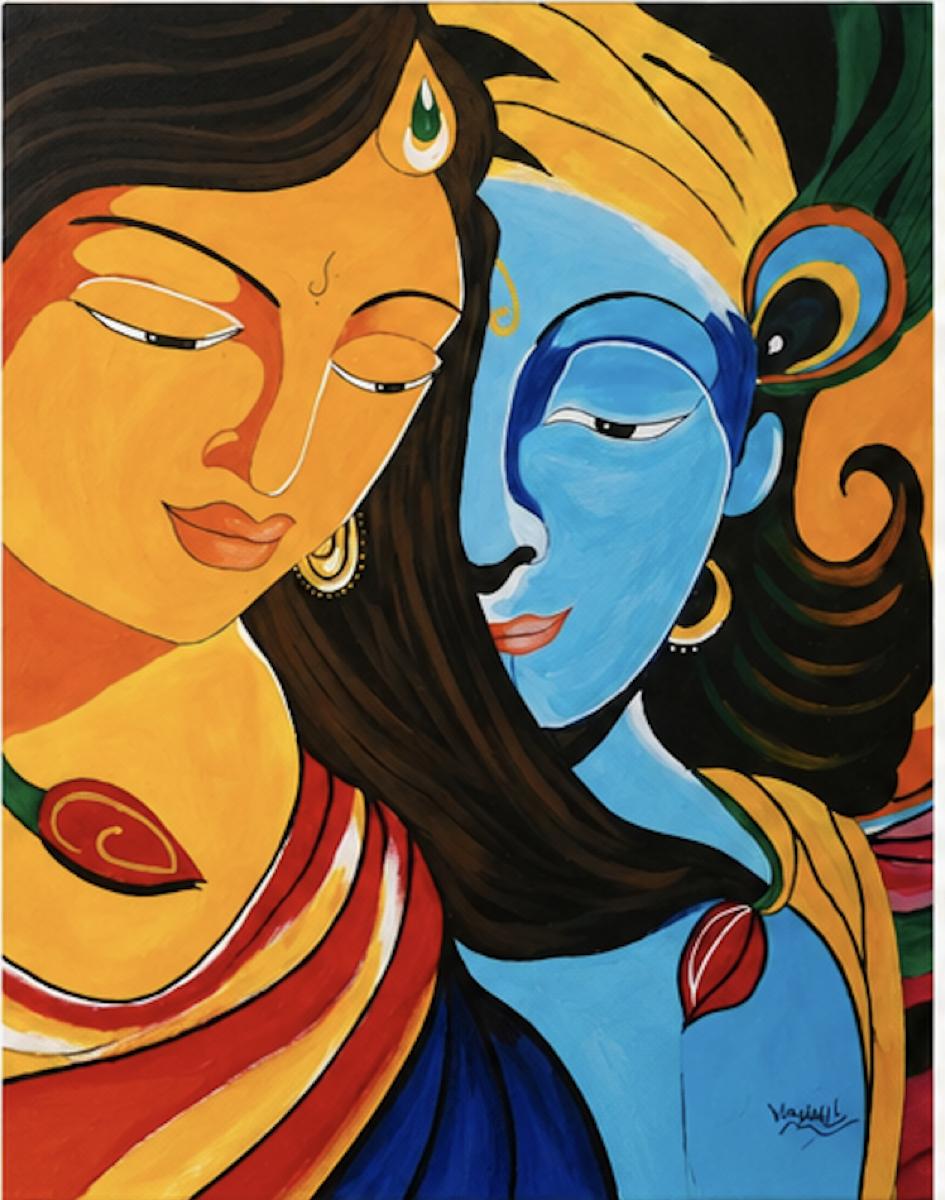 Radha and Krishna in vibrant colours with peacock motif - Acrylic painting by Vaishali